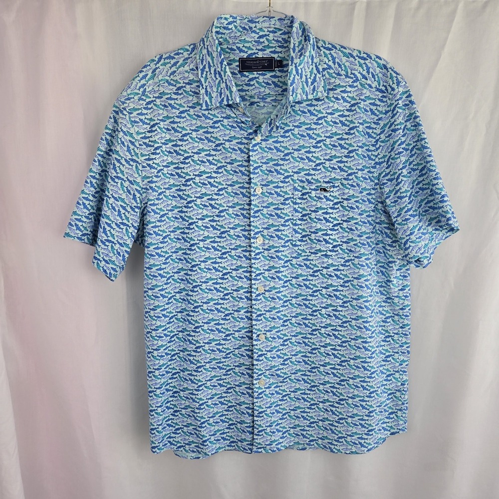 Vineyard Vines Bluff Fish Print Short Sleeve Button Down Shirt Size L Blue